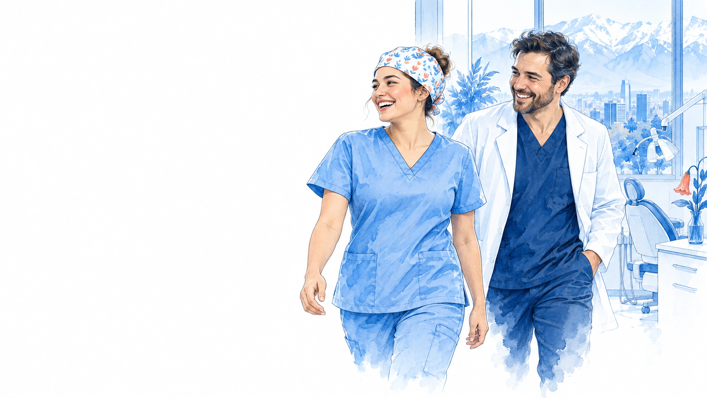 Equipo de una clínica dental con scrubs azul marino y celeste