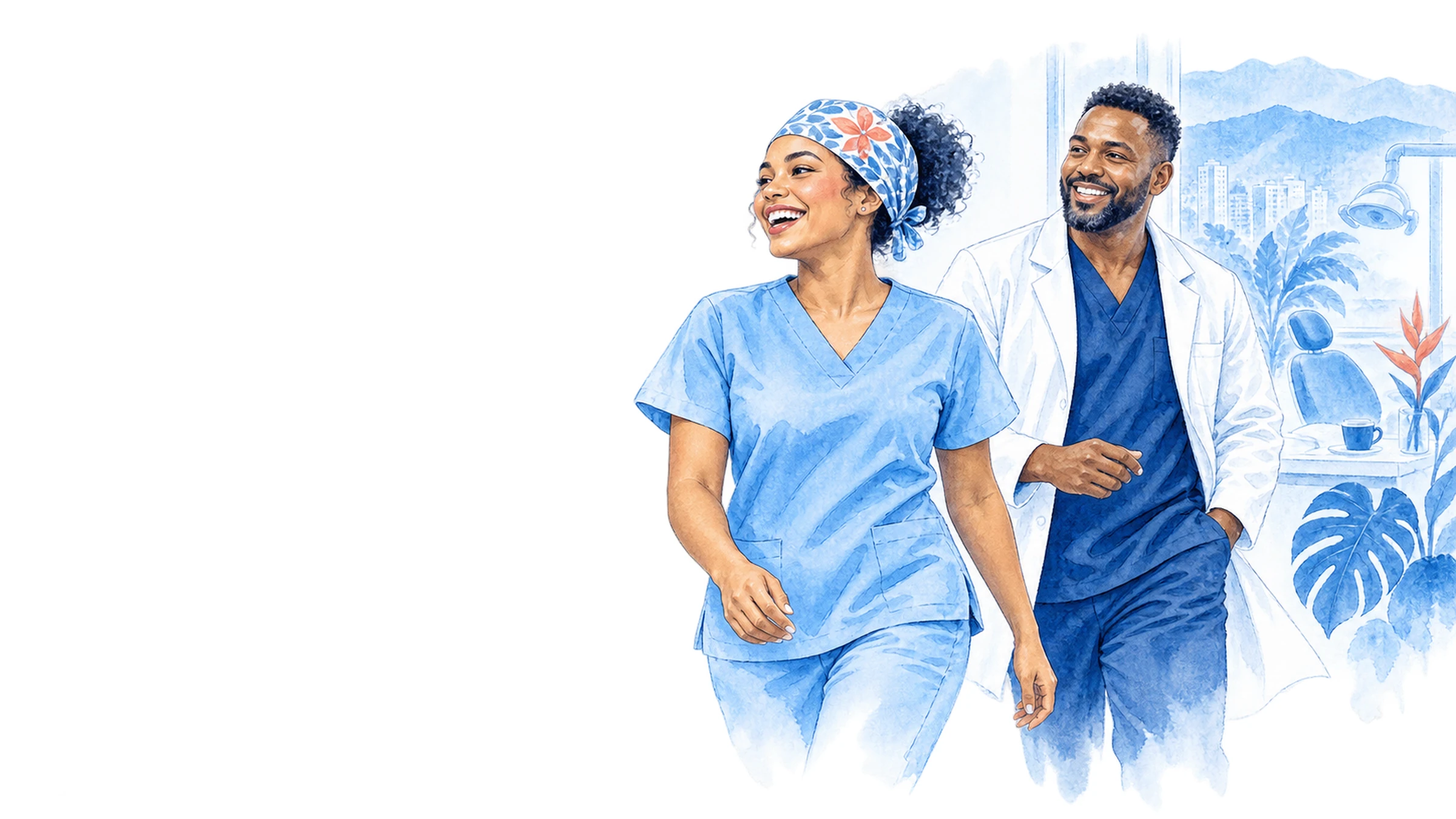 Equipo de una clínica dental con scrubs azul marino y celeste