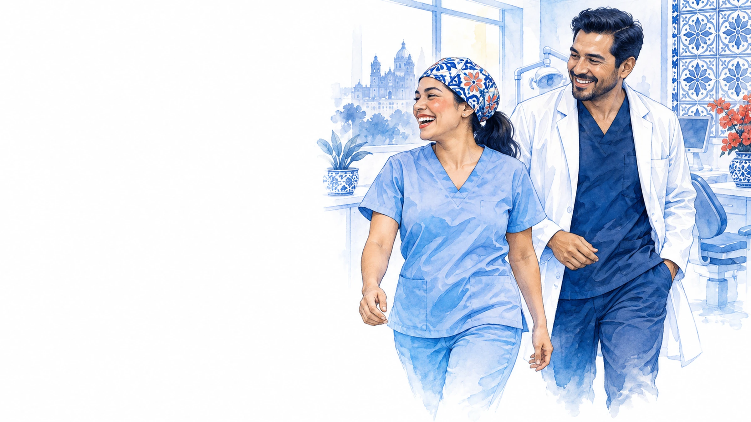 Equipo de una clínica dental con scrubs azul marino y celeste