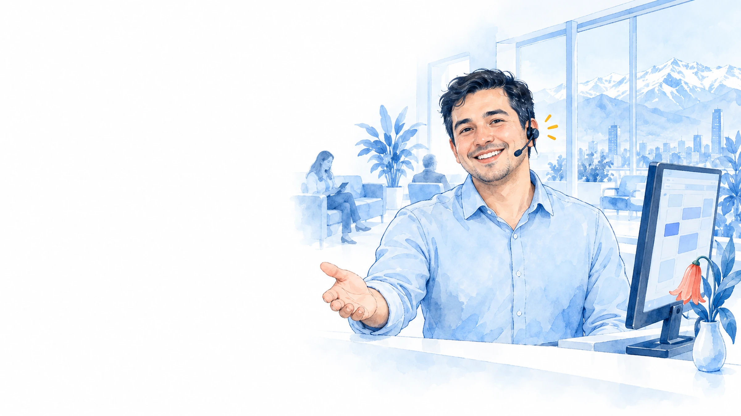Recepcionista de una clínica dental atendiendo a un paciente