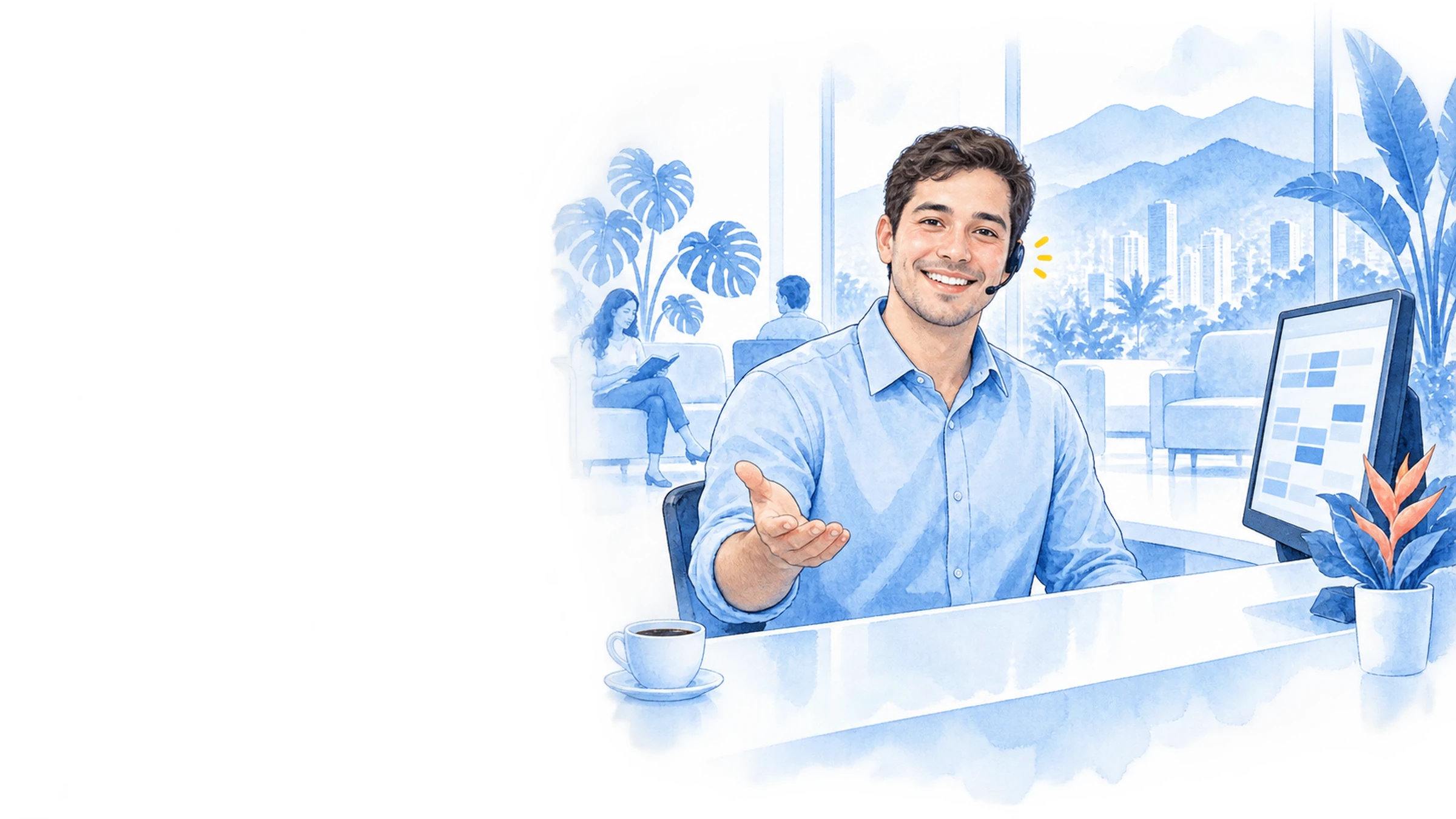 Recepcionista de una clínica dental atendiendo a un paciente