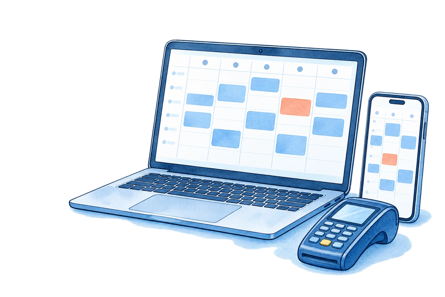 Notebook con la agenda de la clínica, celular y terminal de pago