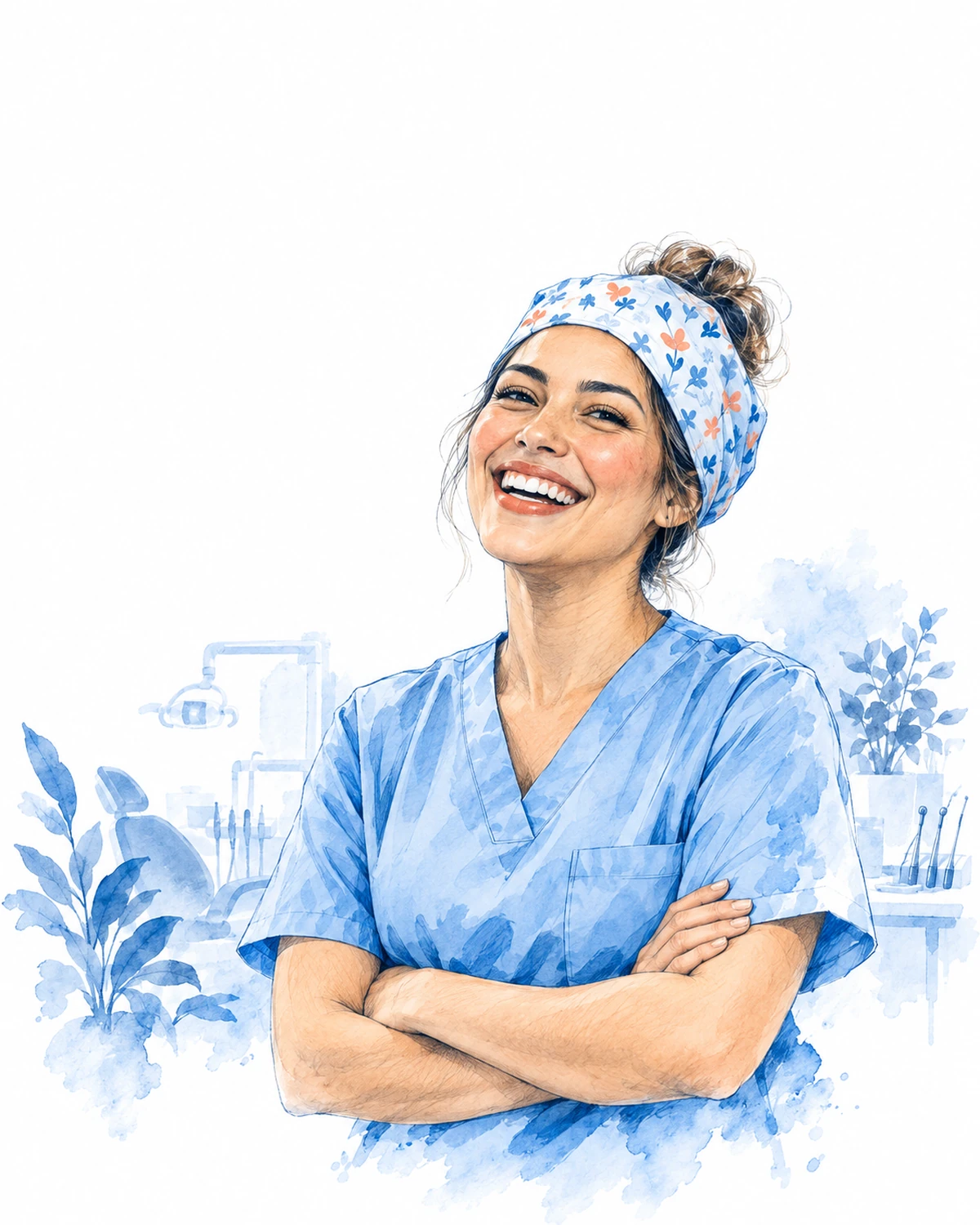 Asistente dental con scrub celeste