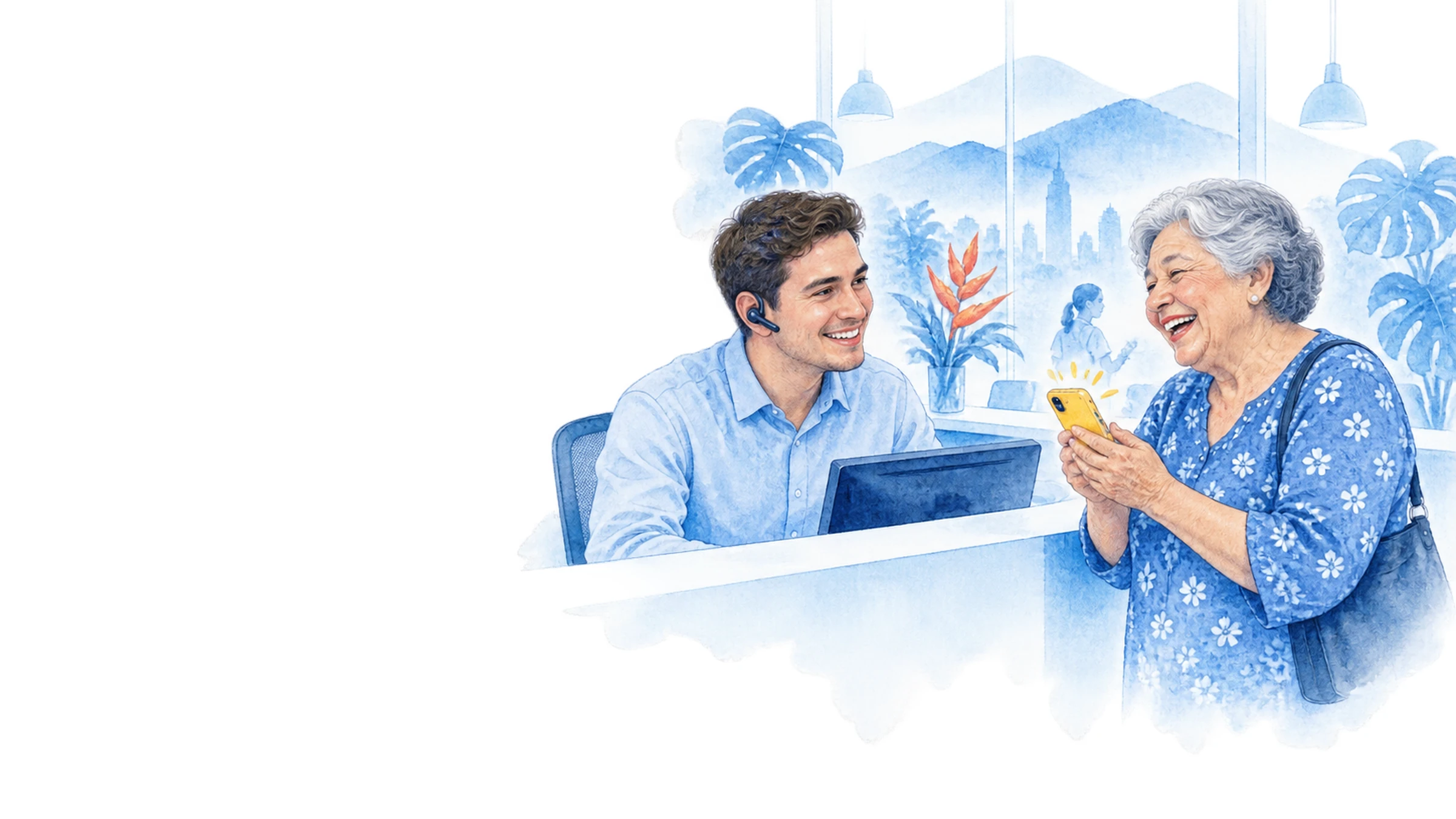 Recepción de una clínica dental: recepcionista con audífono y una paciente que celebra con su celular