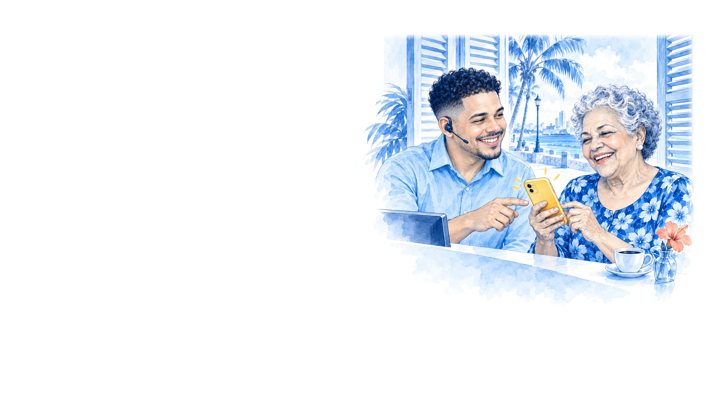 Recepción de una clínica dental: recepcionista con audífono y una paciente que celebra con su celular