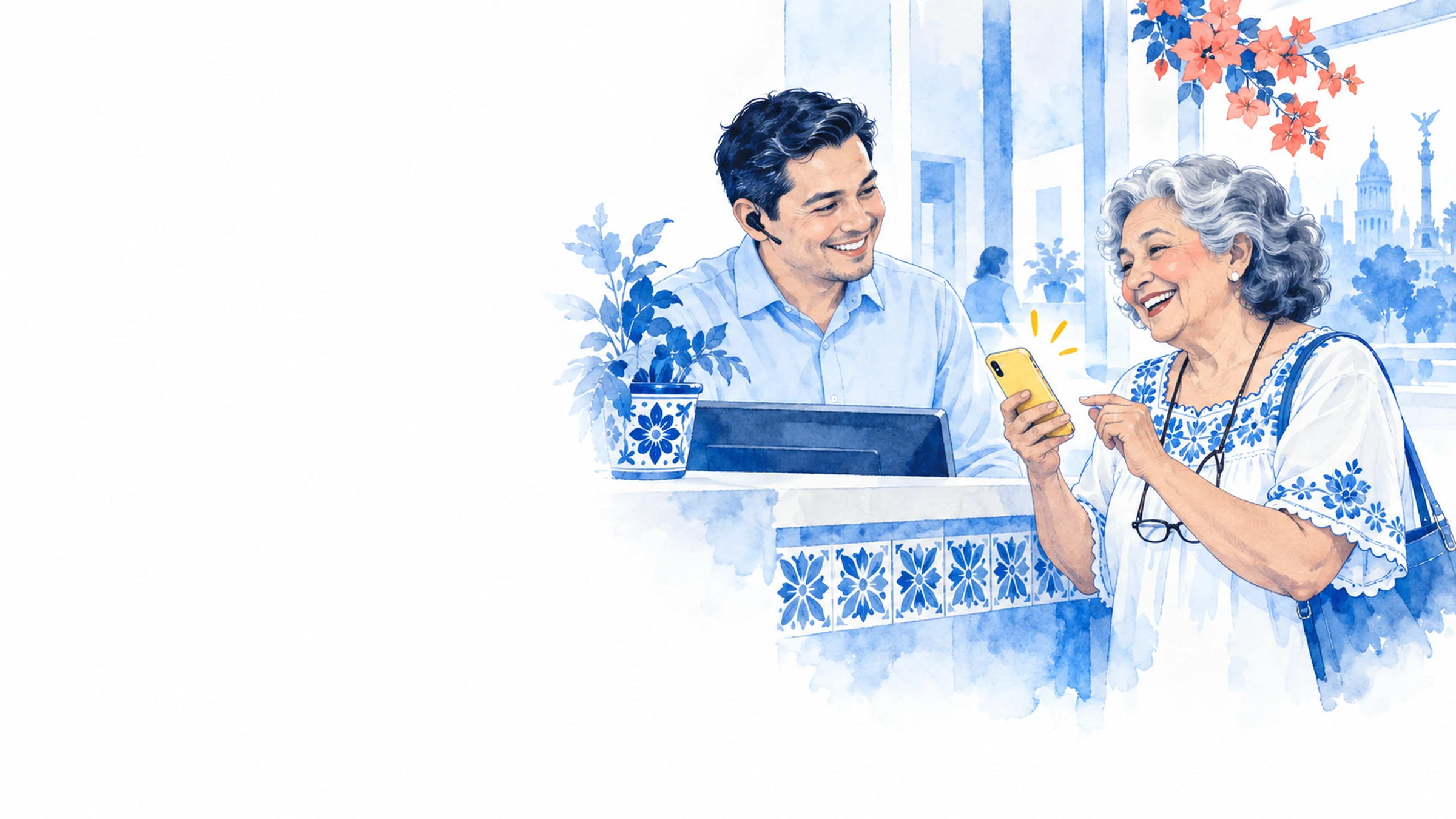 Recepción de una clínica dental: recepcionista con audífono y una paciente que celebra con su celular