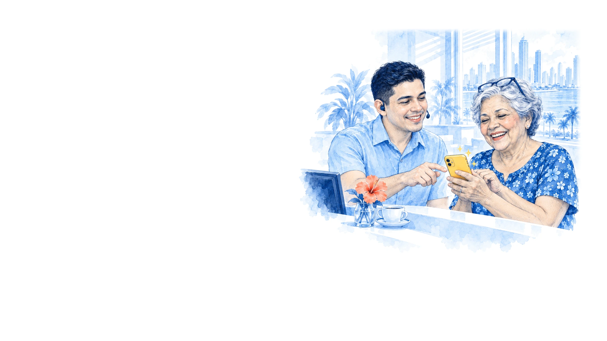 Recepción de una clínica dental: recepcionista con audífono y una paciente que celebra con su celular